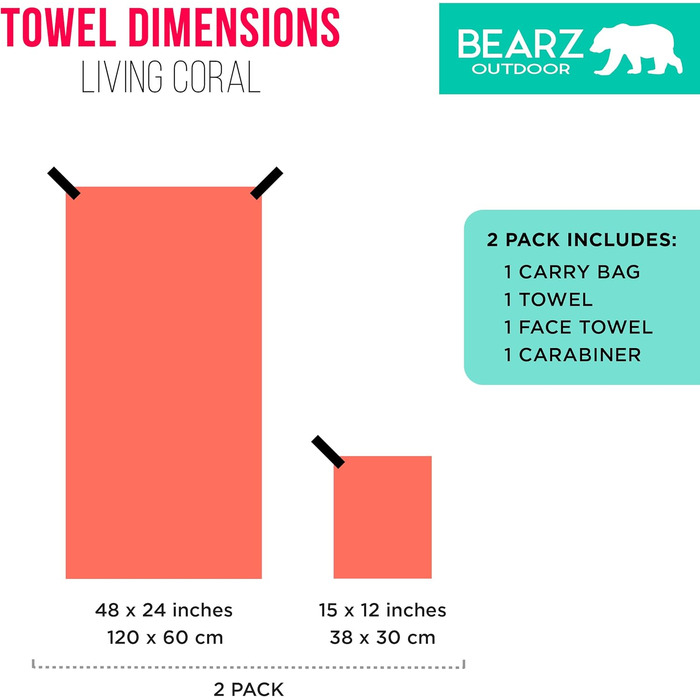 Швидковисихаюче туристичне рушник BEARZ Outdoor: для кемпінгу, подорожей, йоги та фітнесу (мікрофібра, Space Gray, Living Coral (2 шт.))