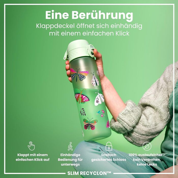 Пляшка для води Ion8 500 мл, не протікає, легка чистка, BPA-free, з ручкою та кришкою, з метеликами, для спорту та школи