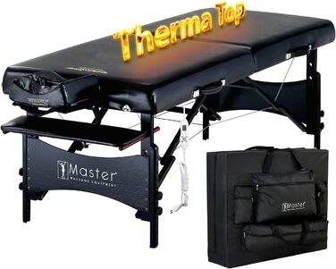 Складаний масажний стіл Master Massage Galaxy 76 см з підігрівом ThermaTop, дерев'яні ніжки, косметологічна кушетка, переносна, чорний, у комплекті сумка