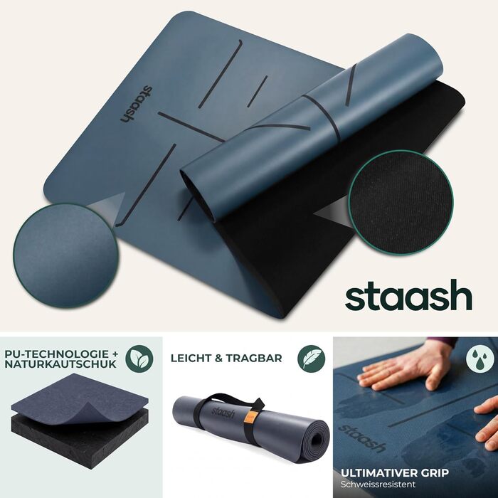 Преміум набір для йоги STAASH: килимок з PU та натурального каучуку (4,5 мм), рушник, ремінь та колінна подушка, протиковзкий, подовжений, колір Tiefsee Blau