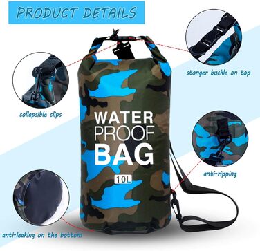 Водонепроникна сумка-мішок Dry Bag 10L/20L з регульованим плечовим ременем для плавання, рафтингу, кемпінгу, риболовлі, катання на човні, піших прогулянок та каякінгу (Світло-блакитний, 10L)