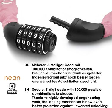 Велосипедне замкeць Nean з кодом та високим рівнем безпеки, 6 мм x 900 мм, рожевий