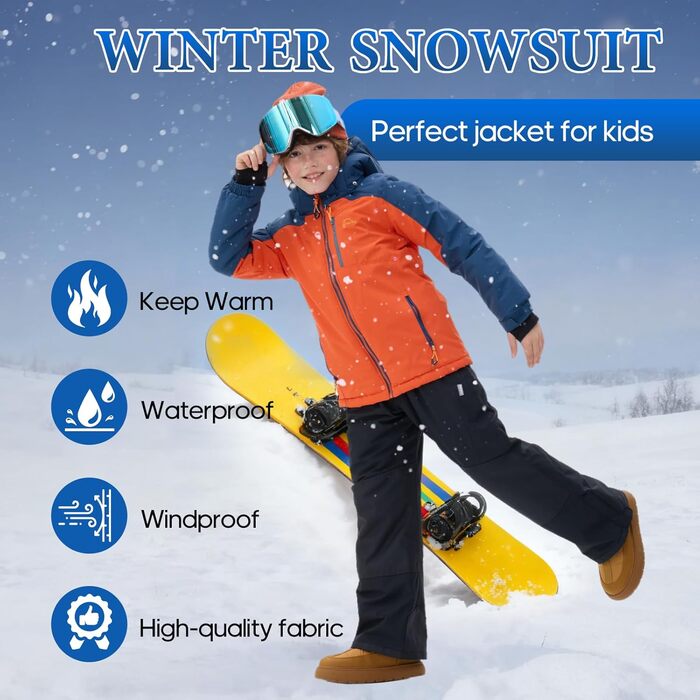 SNOWER Дитячий зимовий комбінезон для хлопчика з капюшоном, теплий гірськолижний костюм, кольоровий зелений (6-7 років, помаранчевий)