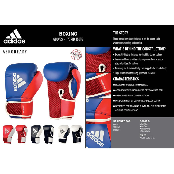 Боксерські рукавички adidas Hybrid 150 для боксу, кікбоксингу та ММА, універсальні, для чоловіків і жінок, різні ваги, чорні/білі