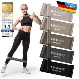 Набір еластичних стрічок для фітнесу Body & Mind® 5 шт. з різним опором, стрічки для тренувань, йоги, пілатесу та фітнесу; спортивні стрічки 100% латекс сірого кольору