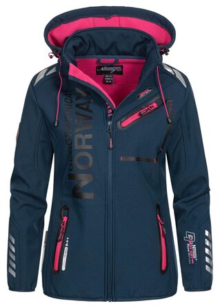 Жіноча мембранна куртка Softshell Geographical Norway Outdoor — водонепроникна спортивна куртка для дощу, темно-синя з рожевим блискавкою, розмір XXL
