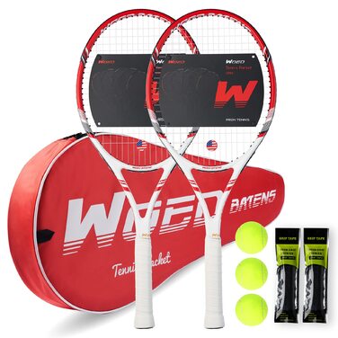 Набір тенісних ракеток для дорослих Pro Tennis (2 шт), 27 дюймів, для початківців та професіоналів, з сумкою, 3-ма м'ячами, віброгасителями та овергрипами, червоний