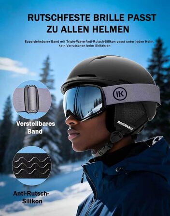 Окуляри для сноубордингу та гірських лиж Innerking OTG, Anti-Fog & UV400, з подвійним склом для носіння поверх корекційних окулярів, чоловічі/жіночі/підліткові, для сноубордингу та гірських лиж, чорний/срібний (VLT 11%) (A2 – чорний/димчастий сірий (VLT 8