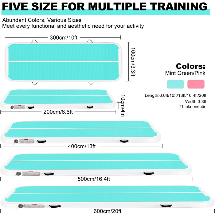 Надувна гімнастична килимок, 2м/3м/4м/5м/6м, 10см, для фітнесу, йоги, танців, сімейного відпочинку (зелений, 3м*1м*0.1м)