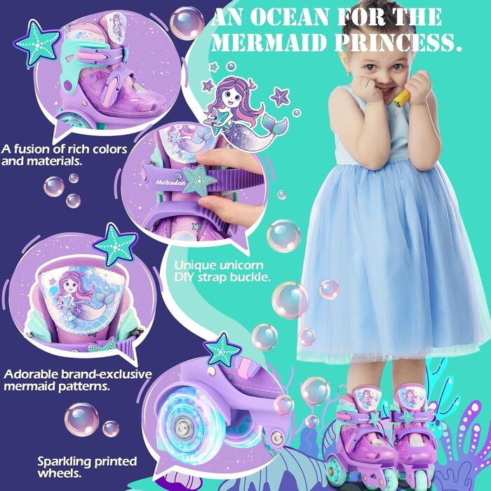 Дитячі ролики Kinder Rollschuhe для дівчаток та хлопчиків, Єдиноріг, Русалка, світлові колеса, 4 розміри, регульовані, для початківців, подарунок на Новий рік та день народження (XS(27~30), Русалка фіолетовий)