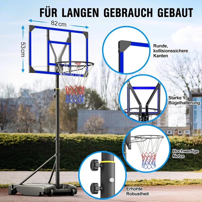 Баскетбольний кошик Outdoor зі стійкою, регульована висота 147-260 см, міцна задня стінка 82x53 см, збільшений діаметр основи та колеса, для гри в приміщенні та на вулиці (Блакитний)