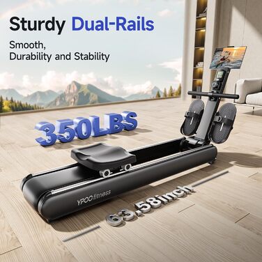 Магнітний тренажер для ходьби та греблі YPOO для дому, складаний з 16 рівнями навантаження, подвійною рейкою, LCD-дисплеєм та підтримкою додатка, чорний