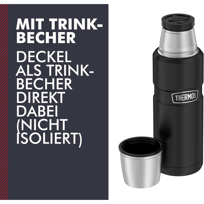 Термос із нержавіючої сталі Thermos 470 мл чорний матовий, ізольована пляшка з чашкою, зберігає тепло до 12 годин, холод до 24 годин, герметичний, без BPA, підходить для посудомийки