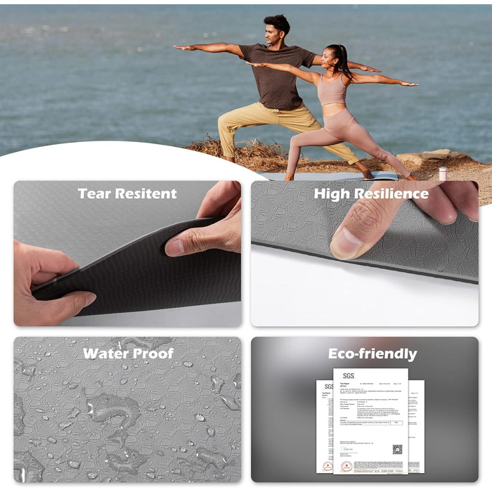 Йога мат UMINEUX, TPE, 72x24 см, антиковзка, для жінок, з чохлом та рушником, чорний та сірий