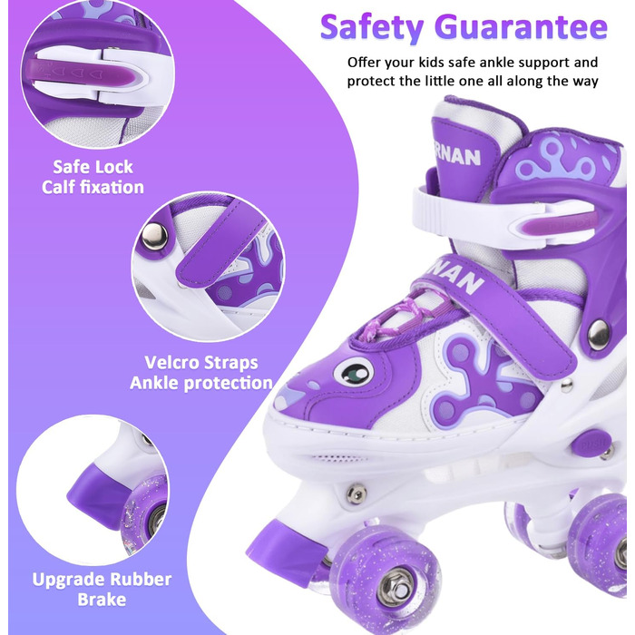 Роликові ковзани ERAN для дітей та дорослих, регульовані, світлодіодні, комфортні, ідеальні для початківців та подарунок на свята, фіолетовий колір