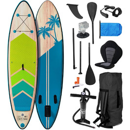 Надувний SUP-борд BRST Tropic | Комплект для станд-ап паддлбордингу | 320x81x15 см | 6 дизайнів | 5 років гарантії | з аксесуарами | 2в1: SUP та каяк, тримач для Action Cam, ланцюжок для ніг, насос, рюкзак (Турквіз)