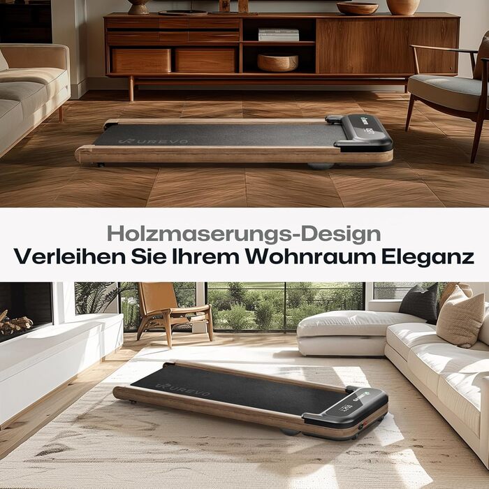 Бігова доріжка UREVO Holz Walking Pad з додатком SmartCoach, підлогова портативна доріжка під стіл, дерев'яний дизайн, швидкість 1–6 км/год, з пультом дистанційного керування, для дому та офісу