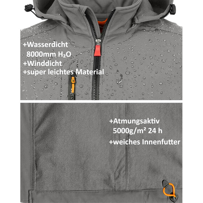 Чоловіча легка куртка Softshell водонепроникна та дихаюча, outdoor-куртка з відстібним капюшоном, вітрозахисна еластична куртка для походів та роботи, сіра, розмір 3XL