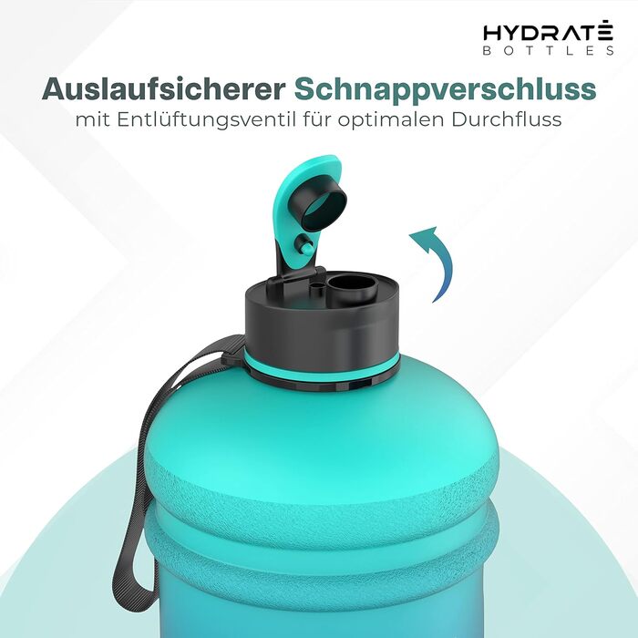 Фляга для води HYDRATE XL 2,2 л - для спортзалу, спорту та подорожей, не протікає, BPA-free, міцна, велика, 2200 мл (Блакитна Лагуна)