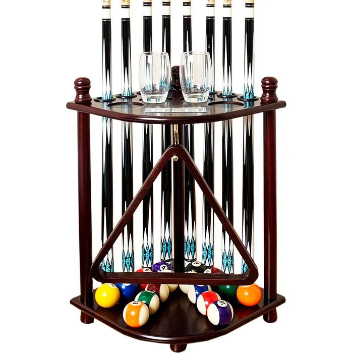 Підставка для київ для більярду на підлозі для 8 київ та аксесуарів, дерев'яна підставка для київ, кутова підставка з гачками та табло (махагон)