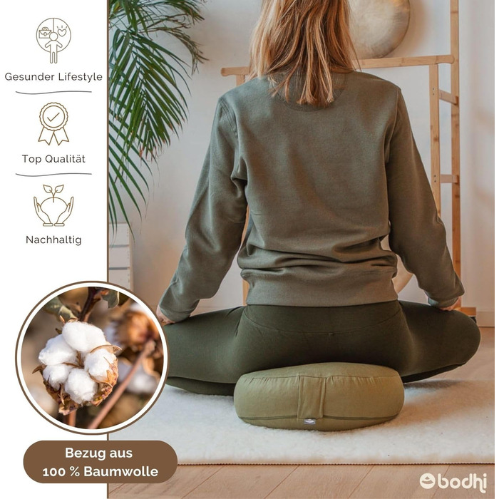 Подушка для медитації Bodhi Rondo ECO extra flat чорна: з органічною гречаною лузгою, бавовняний чохол, висота 15.5 см, з ручкою для перенесення
