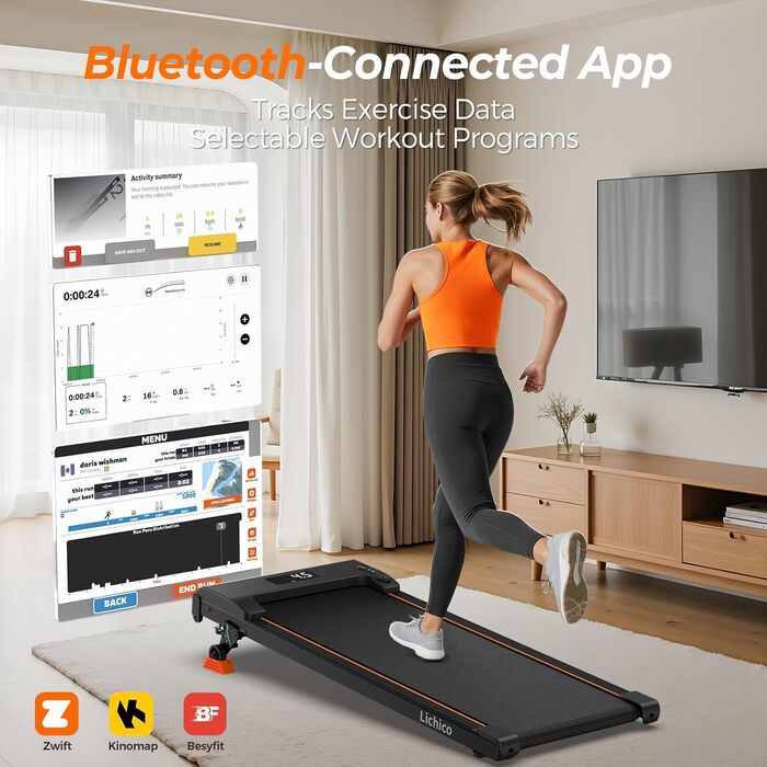 Біговий доріжка Lichico Walking Pad з регулюванням нахилу 9%, Bluetooth, LED дисплей, 2.5HP для дому та офісу