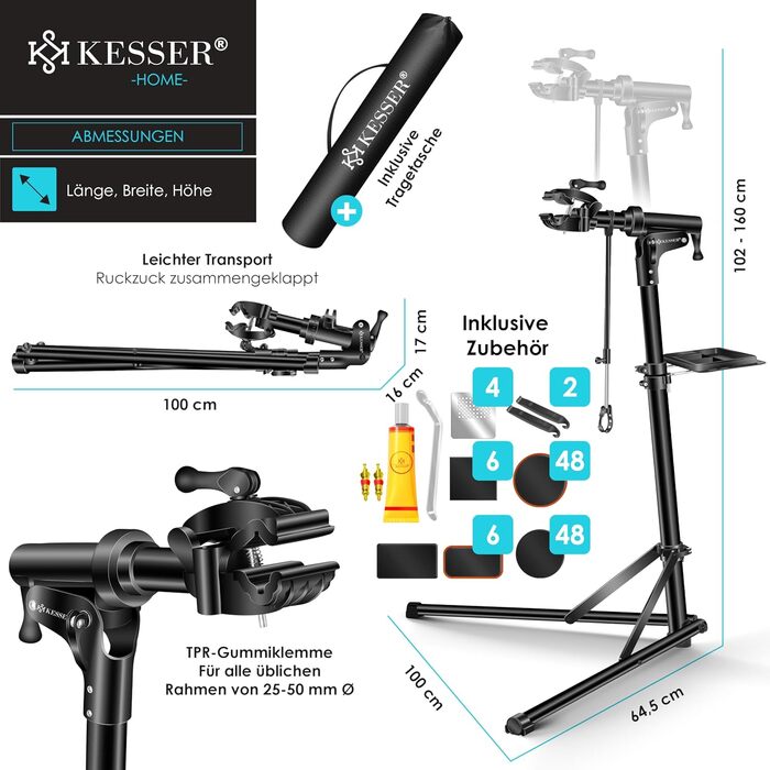Підставка для збирання велосипедів KESSER® Profi Alu: міцна, 360° обертання, для гірських та електровелосипедів, з сумкою та набором для ремонту