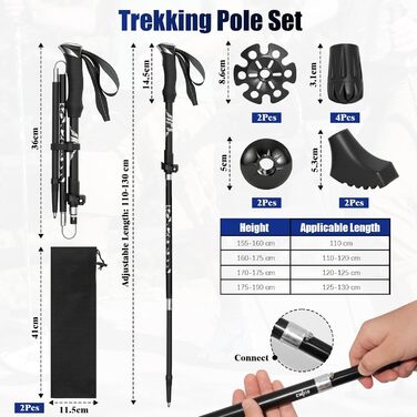Тrekking-стійки Dalephoric, 2 шт., алюмінієві, регульовані 110-130 см, для жінок та чоловіків, з 4 гумовими накладками, для альпінізму, трекінгу та походів