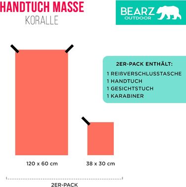 Набір рушників BEARZ Outdoor з мікрофібри (120x60см + маленьке рушник для обличчя) - Легкі, швидковисихаючі рушники для пляжу, подорожей, спорту та кемпінгу - Мікрофібра, блакитний (кораловий)