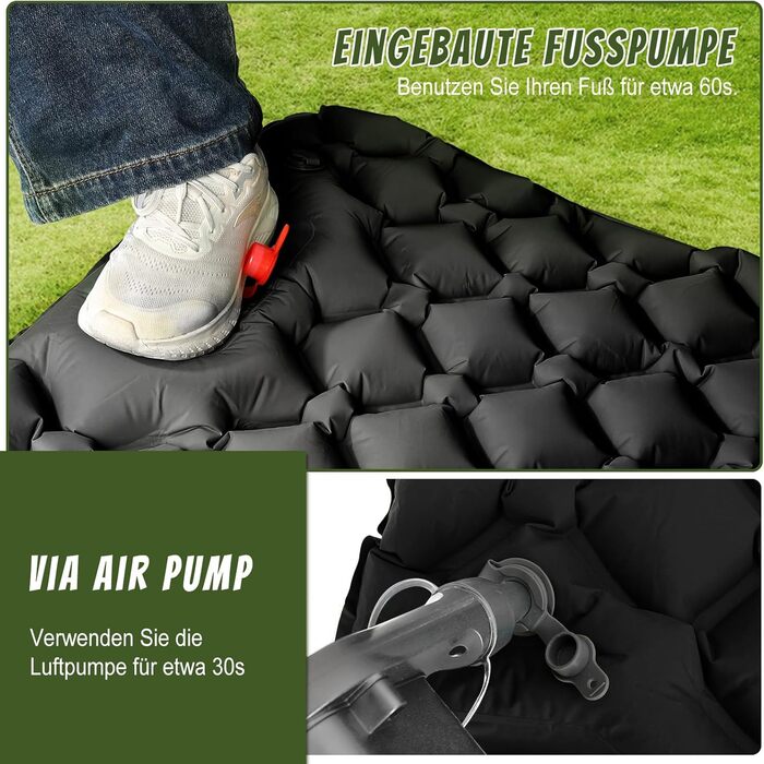 Каревіпарк Килимок для кемпінгу з подушкою, ультралегка повітряна матрац для кемпінгу, водонепроникний килимок для сну для кемпінгу, відпочинку на природі, подорожей, піших прогулянок, пляжу, чорного кольору.