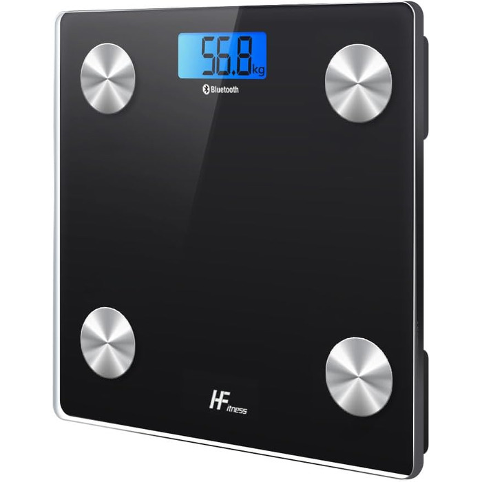 Інтелектуальна вага для тіла з Bluetooth, HFitness, вимірювання жиру, BMI, iOS/Android, чорний колір з блакитною підсвіткою