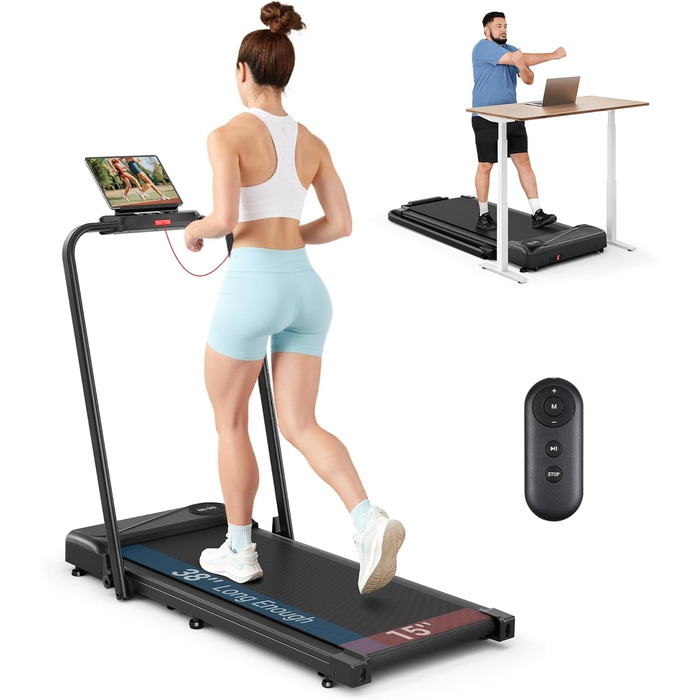 Біговий тренажер THERUN для дому, складний, Walking Pad, тихий з поручнем та LED-дисплеєм, до 10 км/год, подвійне амортизаційне з'єднання, біговий стіл для дому та офісу, не потребує збирання, чорний