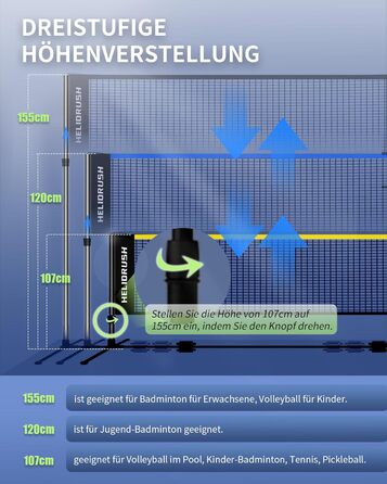 Мережа для бадмінтону та волейболу, регульована висота 3/4/5м, сталевий каркас, HDPE, для саду, пляжу, басейну, дітей та дорослих, 500 см, чорна