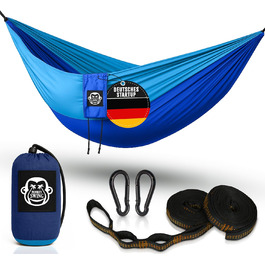 Гамак туристичний Monkey Swing ультралегкий з карабіном та стропами (до 300 кг) – 275 x 140 см, для кемпінгу, трекінгу та подорожей (зелений/хакі, блакитний)