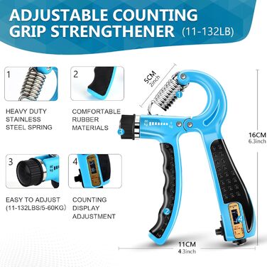 Набір для зміцнення рук та передпліччя (13 шт.): регульовані тренажери, розтягувачі пальців, м'яч для зняття стресу, кільце для хвата, для нарощування м'язів та відновлення після травм рук, Blau