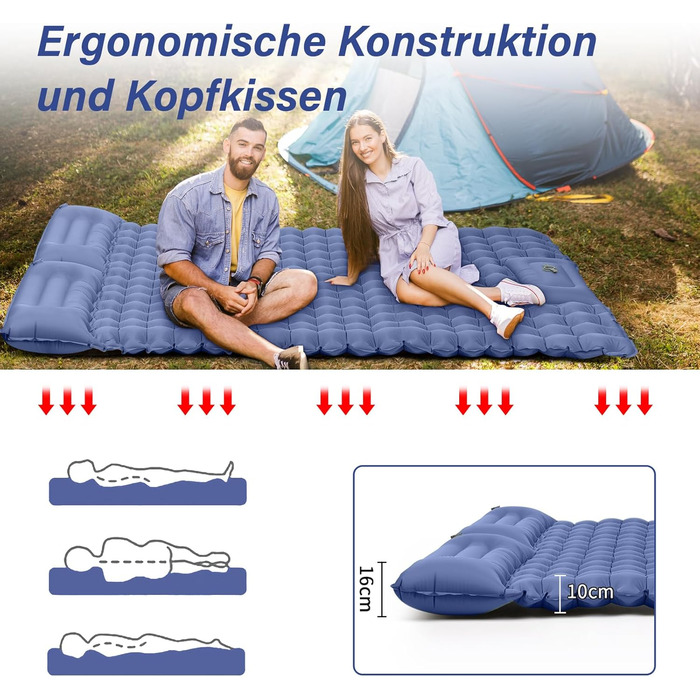 Надувний килимок для кемпінгу Isomatte, 10 см, двоспальний, з насосом, для туризму та відпочинку на природі (Marine Blau)