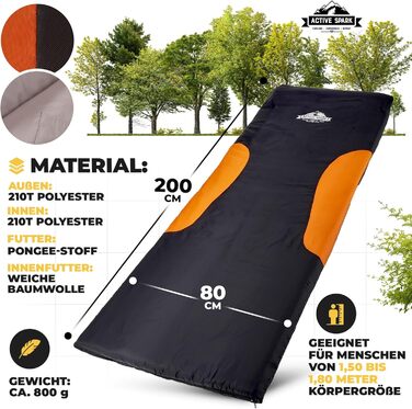 Спальний мішок ACTIVE SPARK Winter - Summer, водовідштовхуючий та дихаючий, з кишенею для грілки, для кемпінгу та гірських походів (Чорний / Оранжевий)