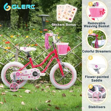 Дитяче велосипед Glerc 16 дюймів з корзиною, стабілізаторами та дзвіночком (червоний) для дівчаток 2-7 років