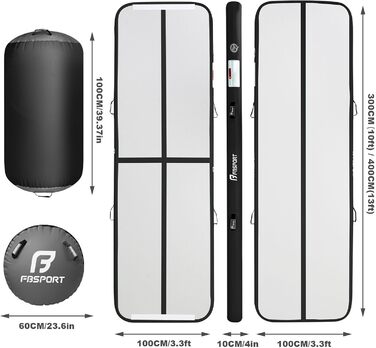 FBSPORT Килимок для гімнастики та йоги надувний, 400x100x10 см, з ролею, чорно-сірий