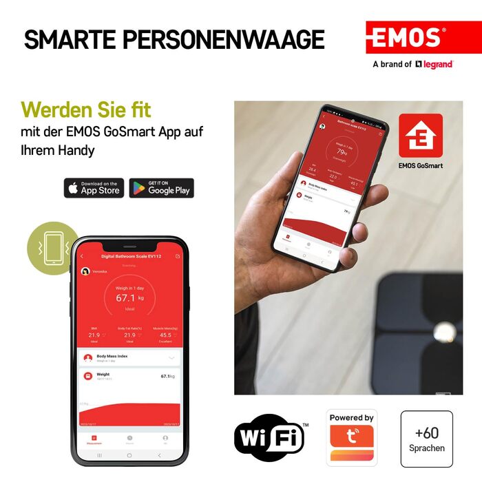 Розумні ваги EMOS GoSmart для дому: аналіз жиру, м'язової маси, ІМТ, 18 параметрів, Bluetooth, додаток, ITO-скло, до 180 кг, чорні