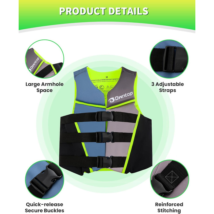 Owntop Світлотехнічна жилетка для плавання, регульована, з трьохточковим ременем безпеки, для дітей та підлітків, жовта (L). Підходить для каякінгу, плавання, риболовлі та снорклінгу.