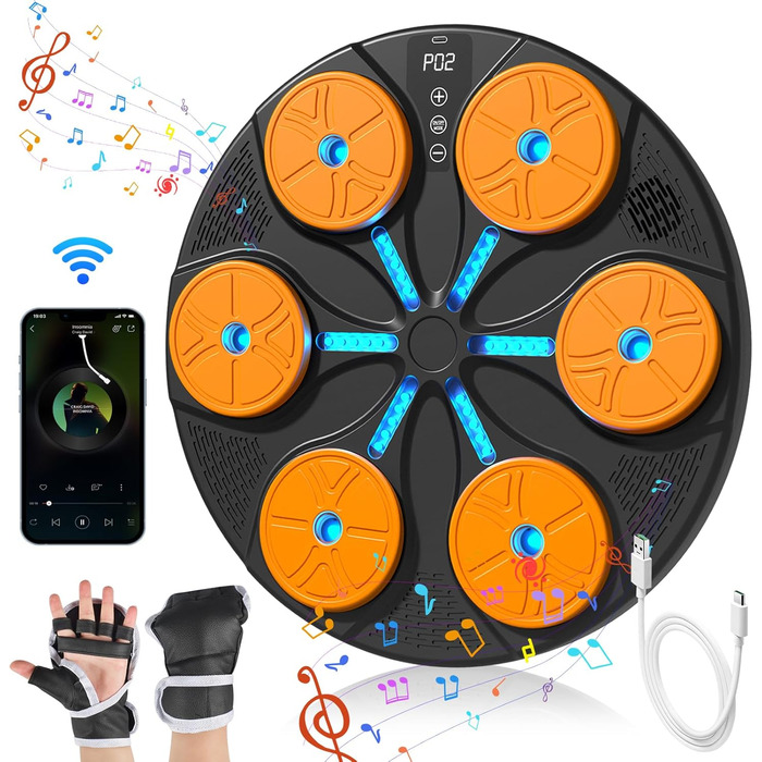 Музична боксерська машина Forhome з LED-підсвічуванням та рукавичками. 9 режимів швидкості, Bluetooth, великий розмір, для дому та спортзалу (чорний)