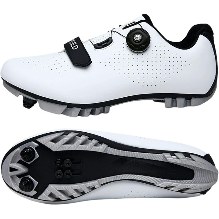 Велосипедні черевики для чоловіків та жінок, унісекс, MTB, черевики для гірського велосипеда, велоспортивні черевики з 2 болтами та шипами, практична поворотна застібка, черевики для їзди, бічні черевики (Білий, 44 EU)
