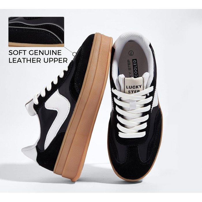 Жіночі кросівки на платформі LUCKY STEP – модні масивні кросівки, зручні шнурівки для повсякденного носіння та прогулянок з прошитими деталями, чорно-білі, 38 EU