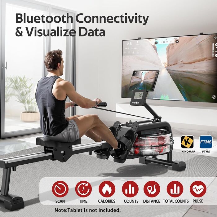 Весловий тренажер VOWVIT для дому з водним опором, Bluetooth-монітором і тримачем для планшета, сумісний з додатком Kinomap, легке складання, максимальний зріст користувача 210 см