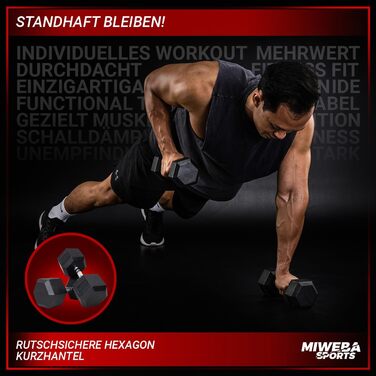 Гантелі шестигранні Miweba Sports HGH100, 2,5-30 кг, пара, гантельний набір, гантелі з литого чавуну, ергономічна ручка, вага 5 кг, професійні короткі гантелі