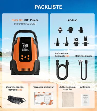 Електричний насос для SUP дошки 50PSI 3-в-1, 12V, для човнів, каяків, автомобілів та надувних виробів