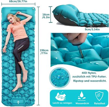 TENQUAN Килимок для кемпінгу самонадувний, 9см - туристичний килимок, повітряний матрац, килимок для сну, клапан, насос, для авто, намету, трекінгу, пляжу (блакитний/сірий)