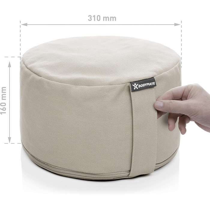 Подушка для йоги та медитації BODYMATE кругла 31 см, сіра - з гречаним лушпинням, бавовняний чохол, 16 см