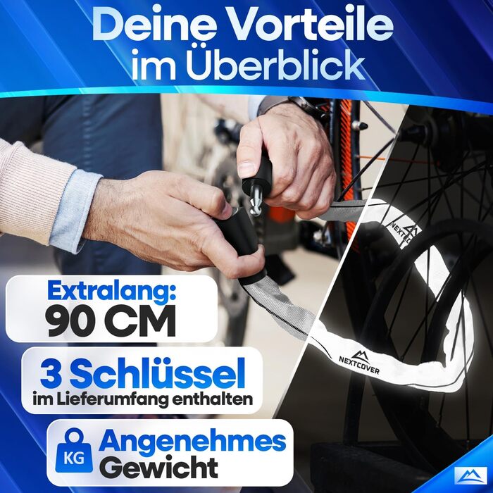 NEXTCOVER® LockOne: надійне велосипедне замкове обладнання з ключем I висока безпека I міцне та довговічне ланцюгове замкове обладнання I захист велосипеда, 3 ключі, світловідбиваючий ключ